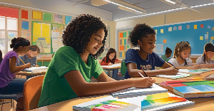 A lively classroom scene with students of different backgrounds engaged in various learning activities, while a teacher supports them.