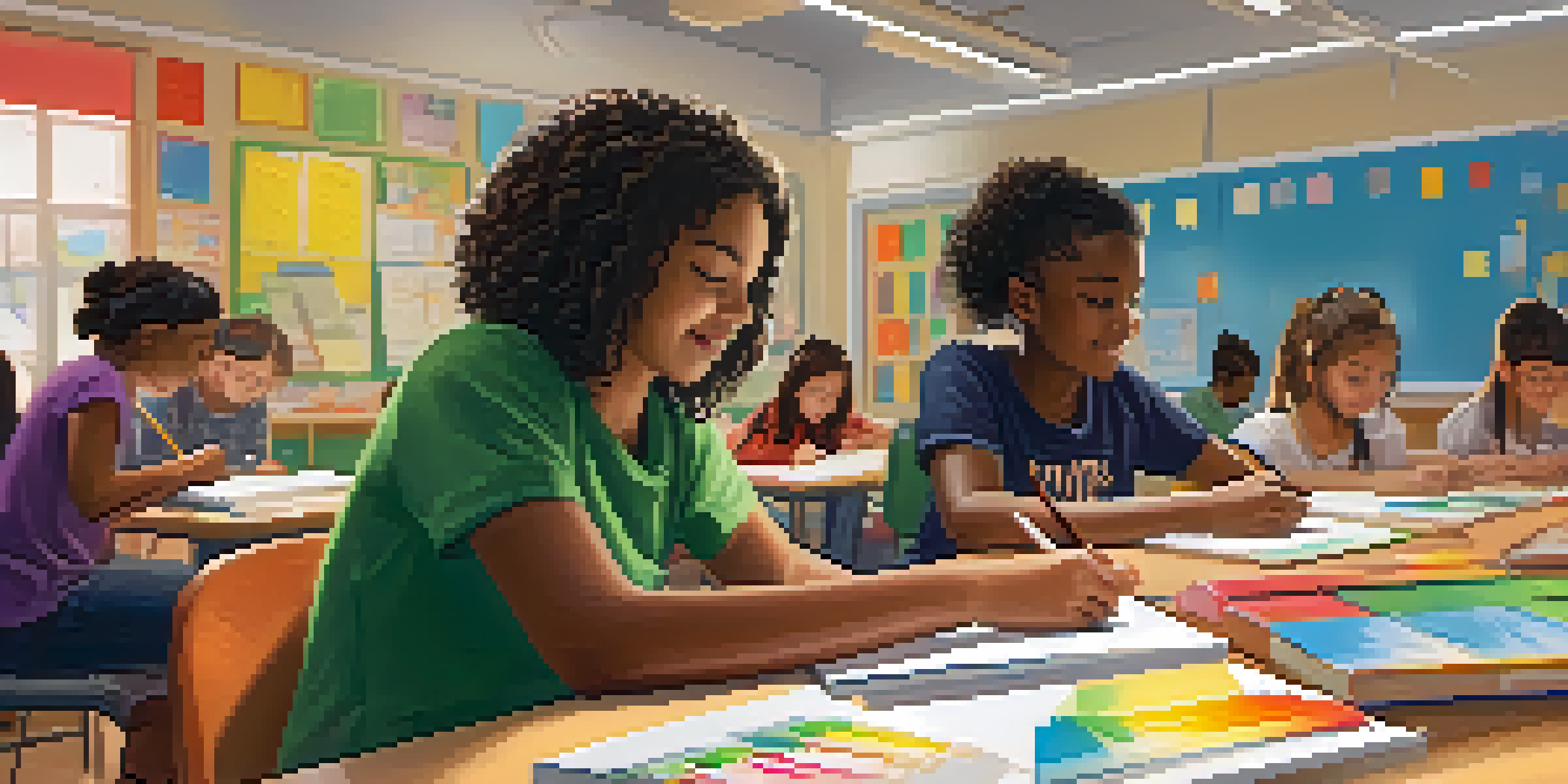 A lively classroom scene with students of different backgrounds engaged in various learning activities, while a teacher supports them.