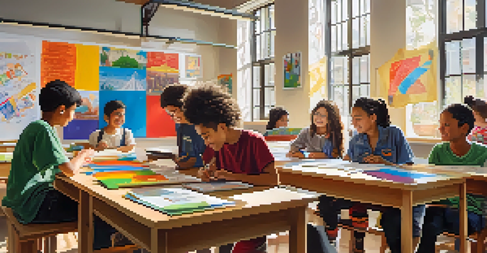 A diverse group of students working together on a project in a colorful classroom, with cultural posters and natural light.