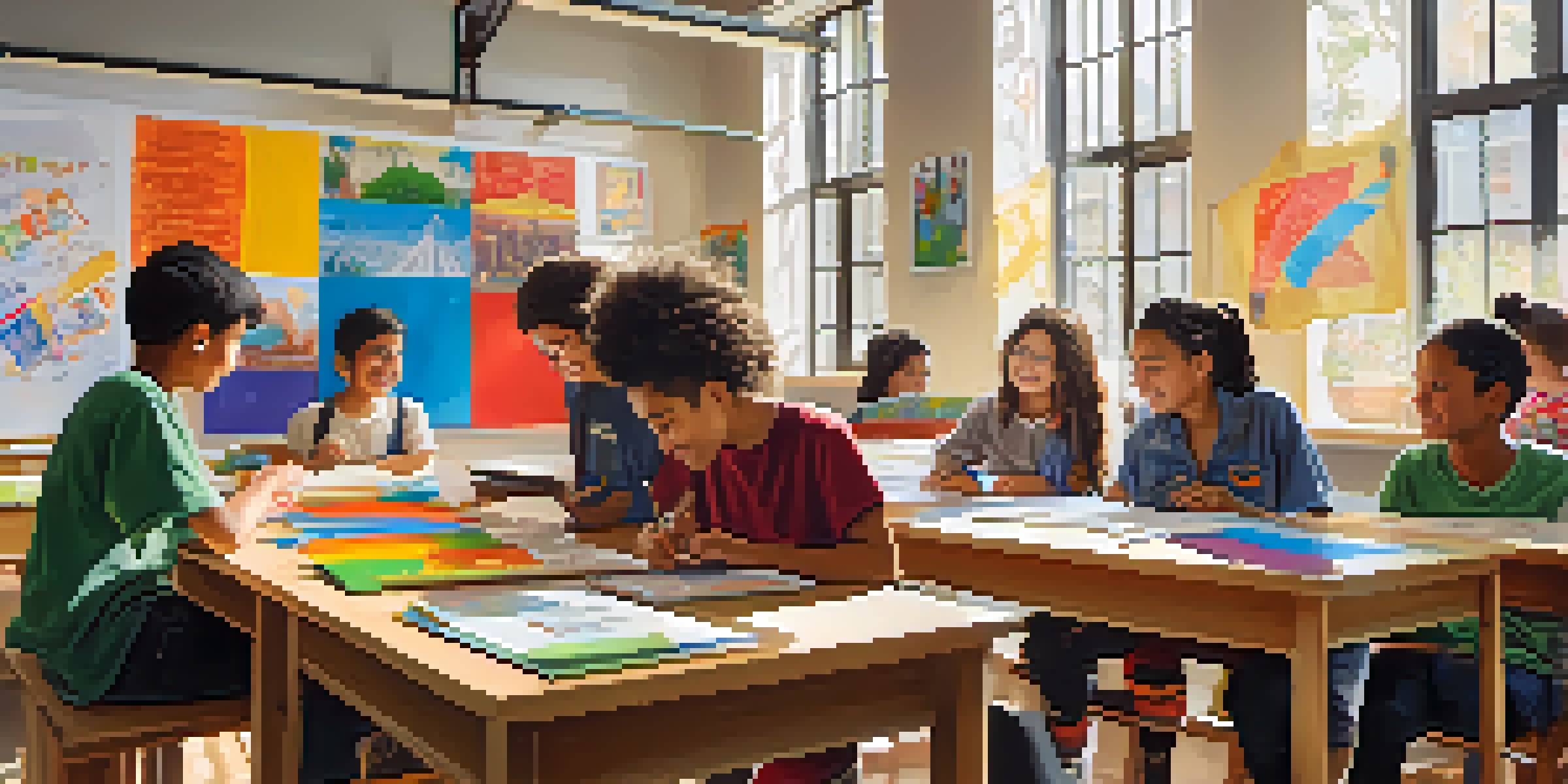 A diverse group of students working together on a project in a colorful classroom, with cultural posters and natural light.