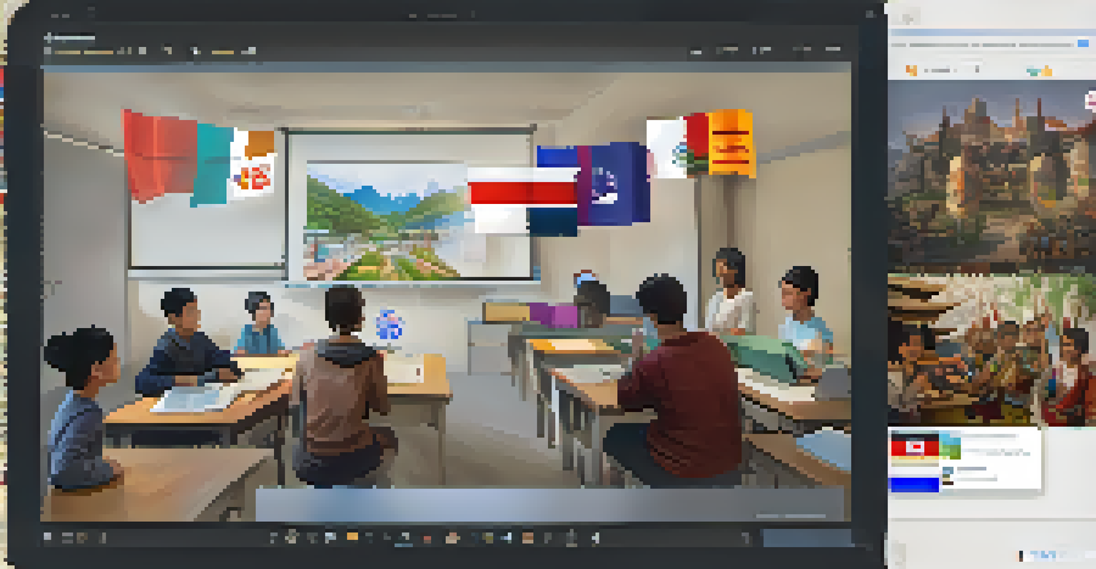 A split-screen view of students from different countries attending a virtual lesson, with cultural elements in the background.