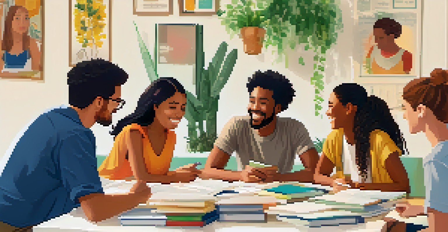 A diverse group of people engaged in a language exchange, smiling and sharing experiences in a bright room with plants.