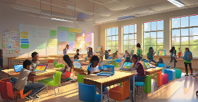 A diverse group of students in a colorful classroom, actively engaged in learning using tablets and laptops, with sunlight illuminating the space.