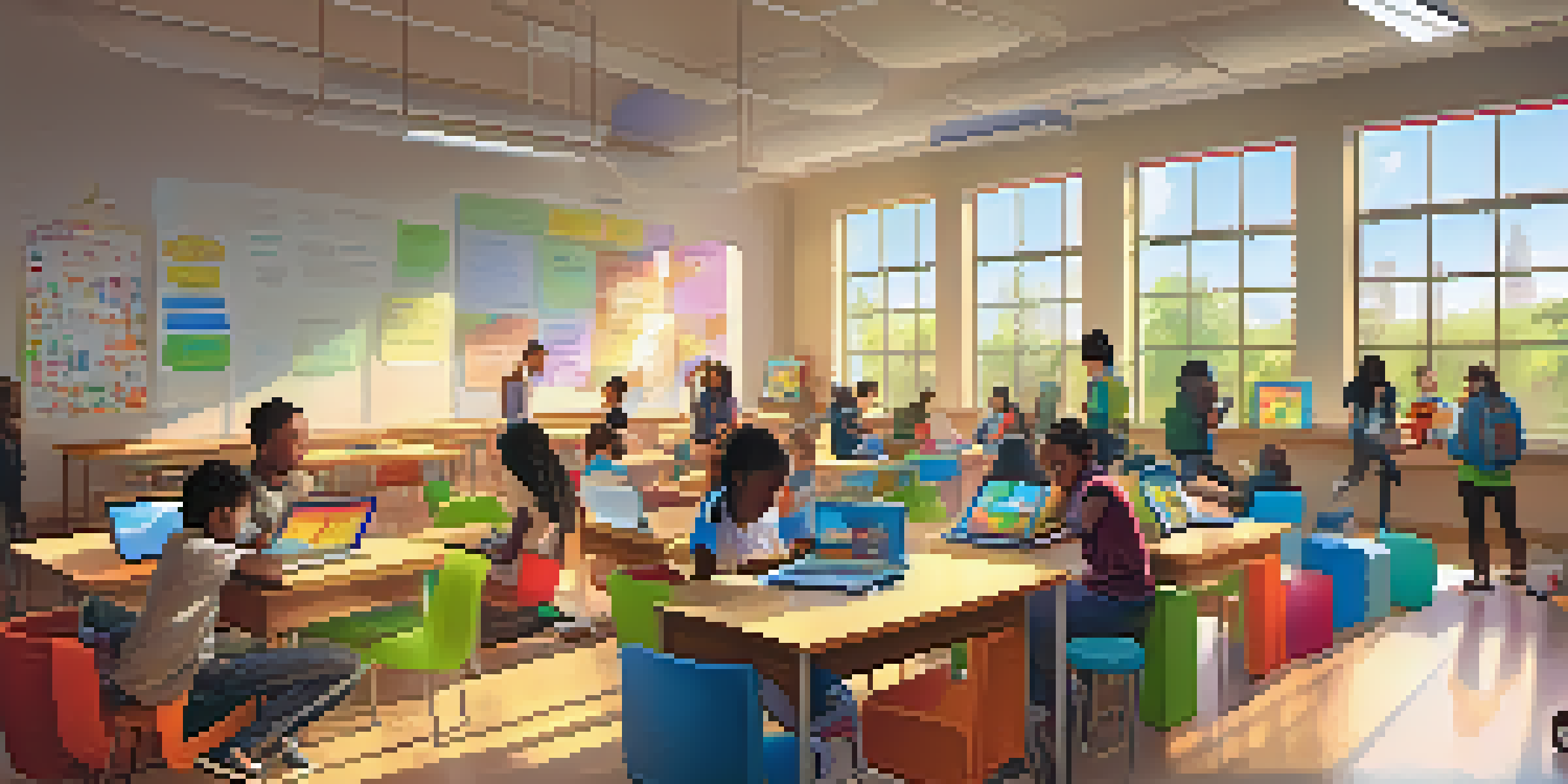 A diverse group of students in a colorful classroom, actively engaged in learning using tablets and laptops, with sunlight illuminating the space.