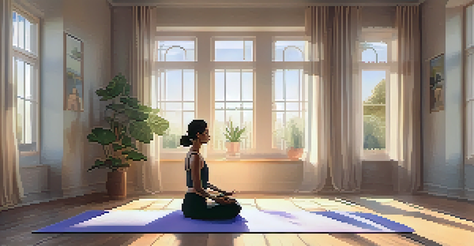 A person meditating on a yoga mat in a sunlit room, surrounded by plants and soft shadows.