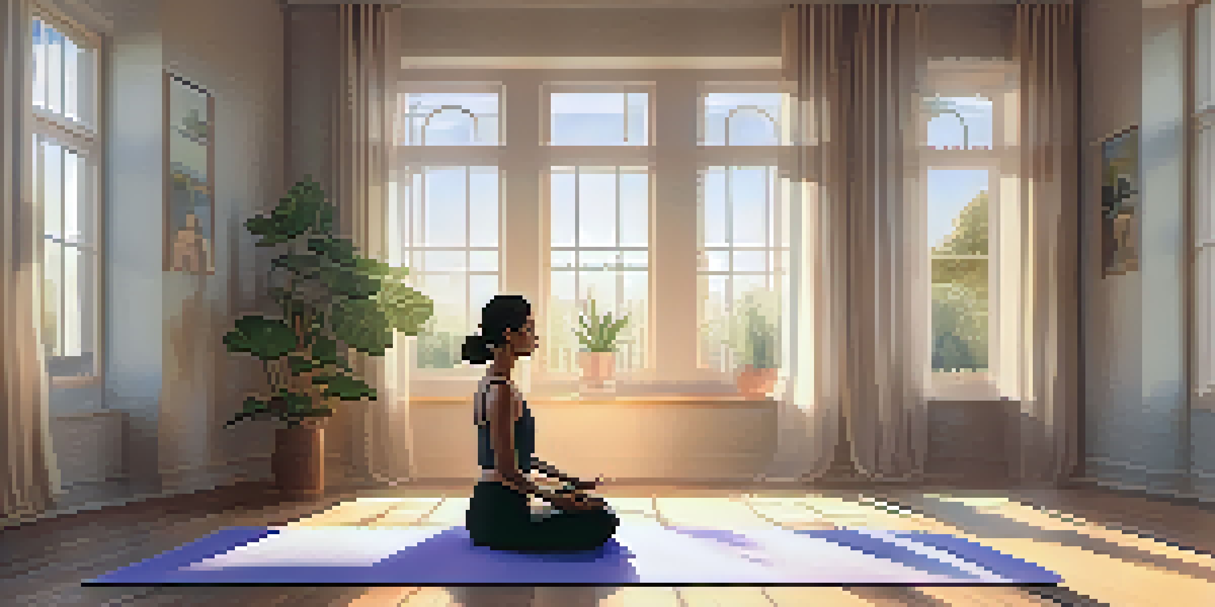 A person meditating on a yoga mat in a sunlit room, surrounded by plants and soft shadows.