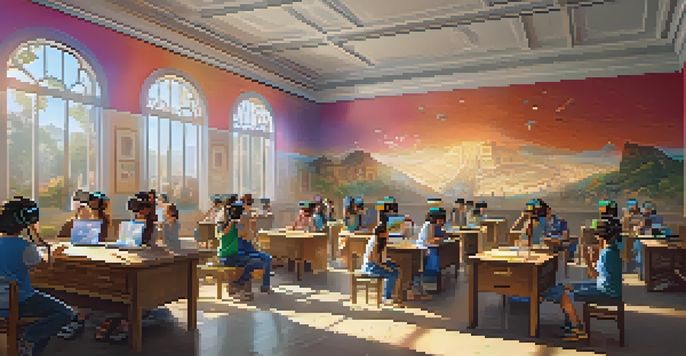 A classroom with students using VR headsets, interacting with 3D models of ancient civilizations under bright sunlight.