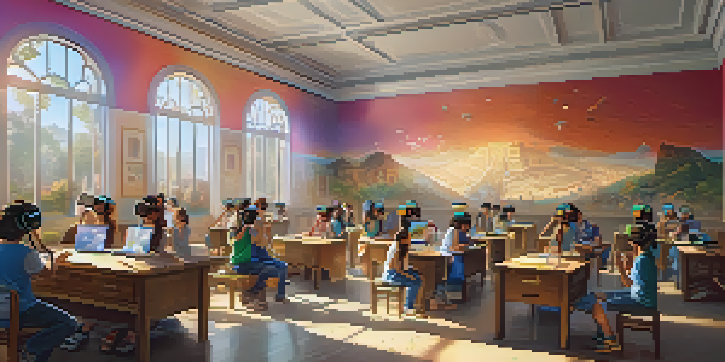 A classroom with students using VR headsets, interacting with 3D models of ancient civilizations under bright sunlight.