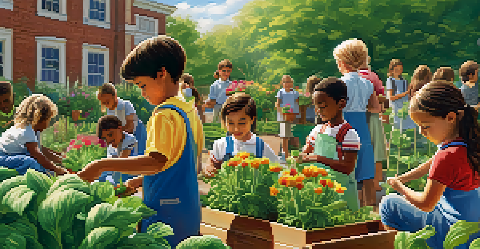 Children of various backgrounds planting in a school garden, surrounded by greenery and sunlight.