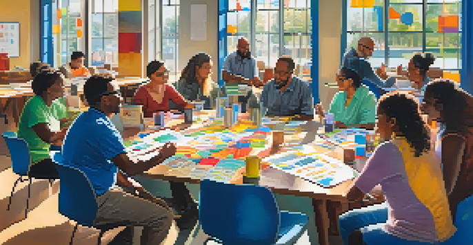 A community workshop where diverse individuals discuss financial literacy, surrounded by colorful charts and posters in a sunlit room.