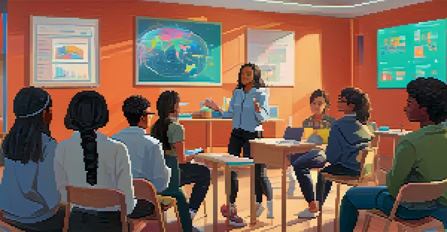 Students in a workshop discussing AI in education, actively engaging with each other in a modern classroom.