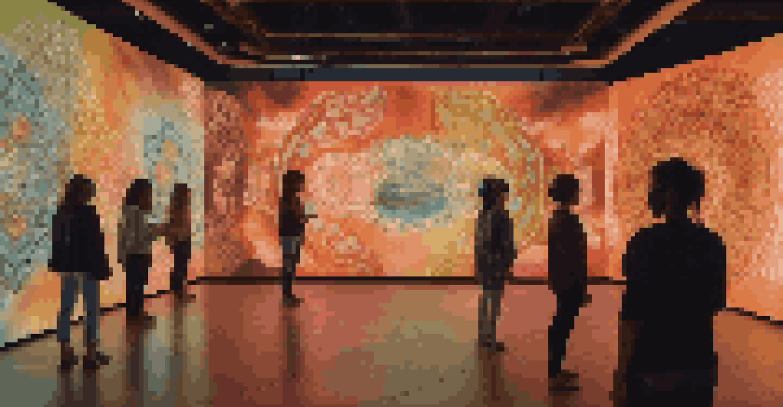 Visitors engaging with a virtual reality art installation, surrounded by glowing screens and cultural motifs.