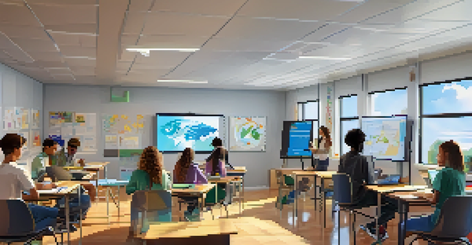 A vibrant classroom where diverse students are engaged in personalized learning activities, using technology and collaborating on projects.