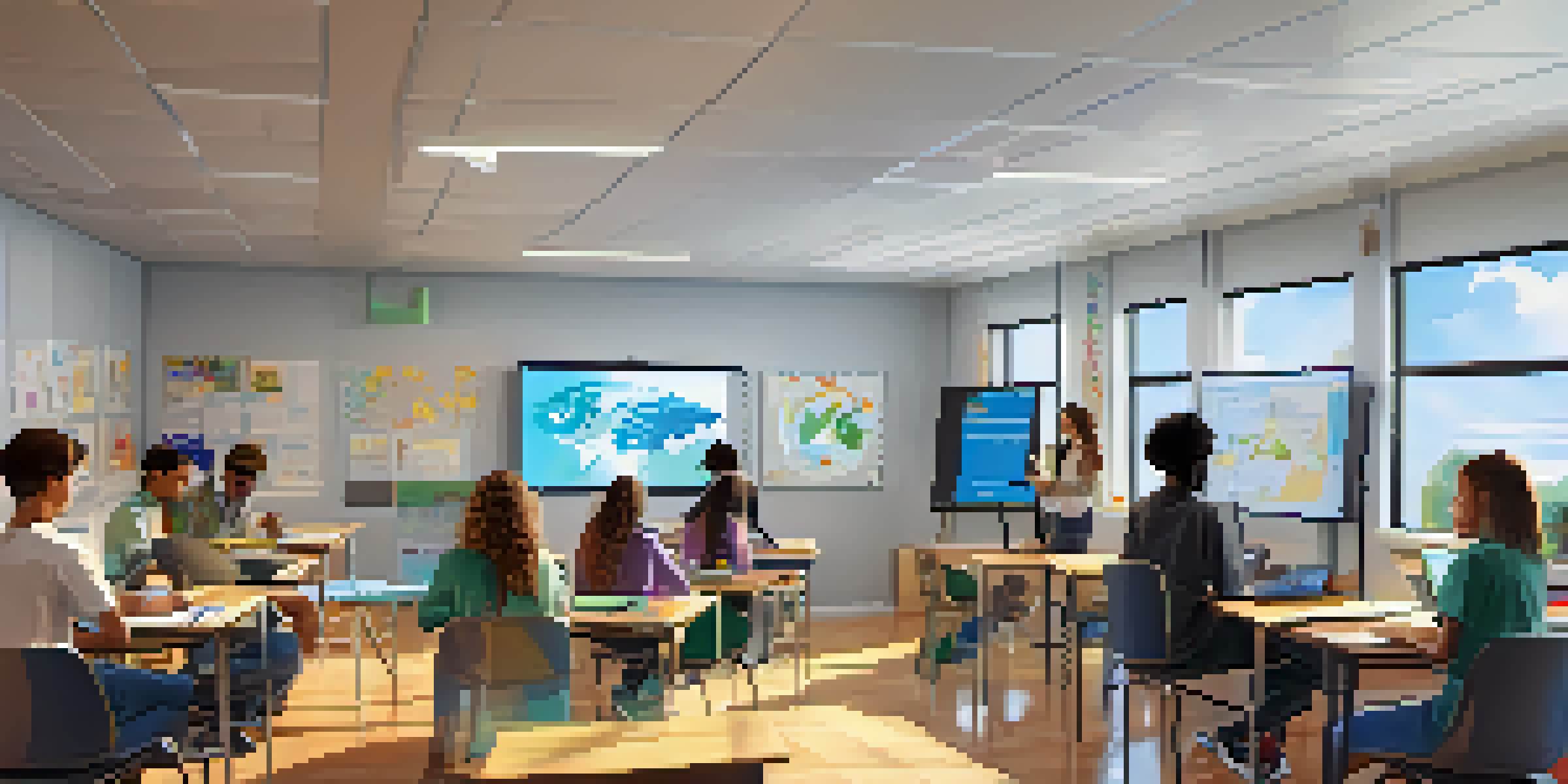 A vibrant classroom where diverse students are engaged in personalized learning activities, using technology and collaborating on projects.
