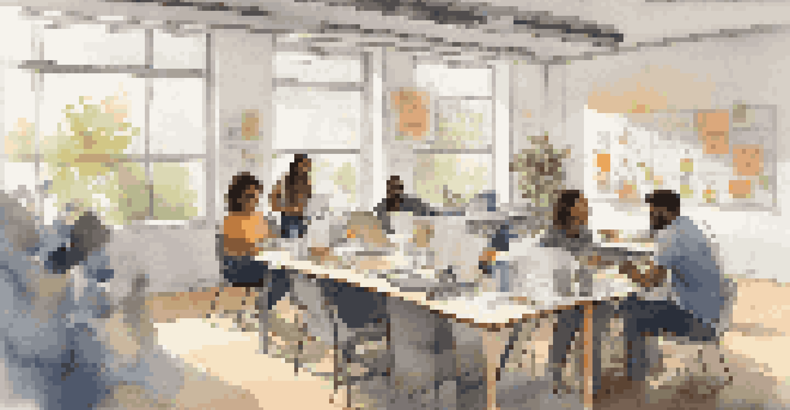 Students collaborating in a workspace filled with notes and laptops, brainstorming ideas together.