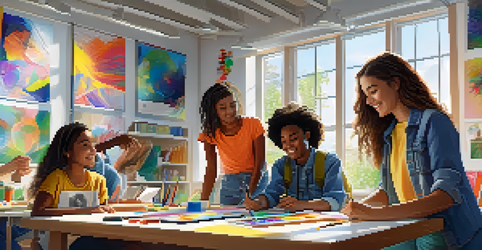 A diverse group of students engaged in collaborative learning, surrounded by art supplies and technology in a bright classroom.