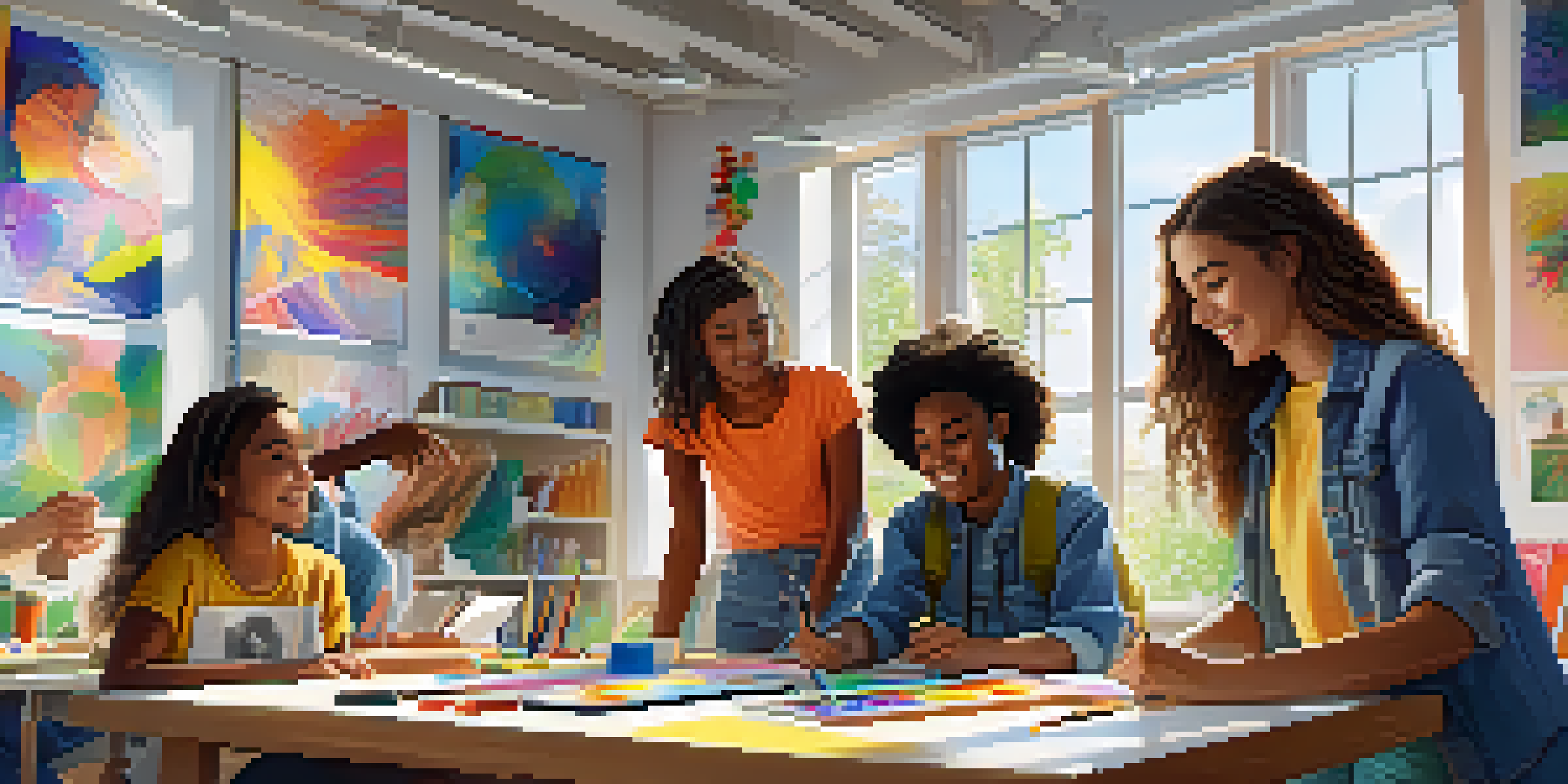 A diverse group of students engaged in collaborative learning, surrounded by art supplies and technology in a bright classroom.
