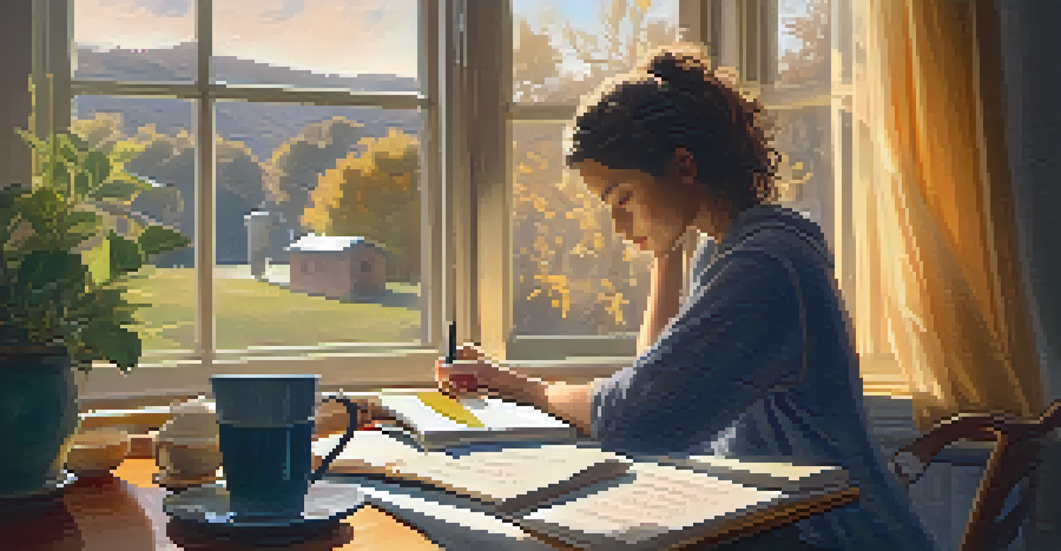 An adult learner journaling about emotional intelligence in a cozy, well-lit space with a cup of tea.