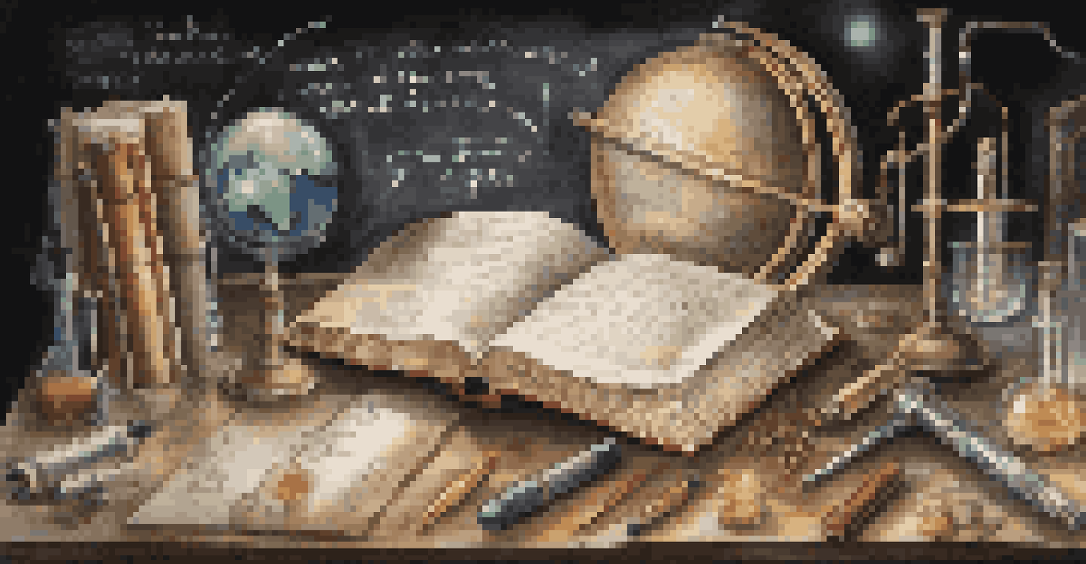 An open book with scientific tools around it, symbolizing the integration of literature and science.
