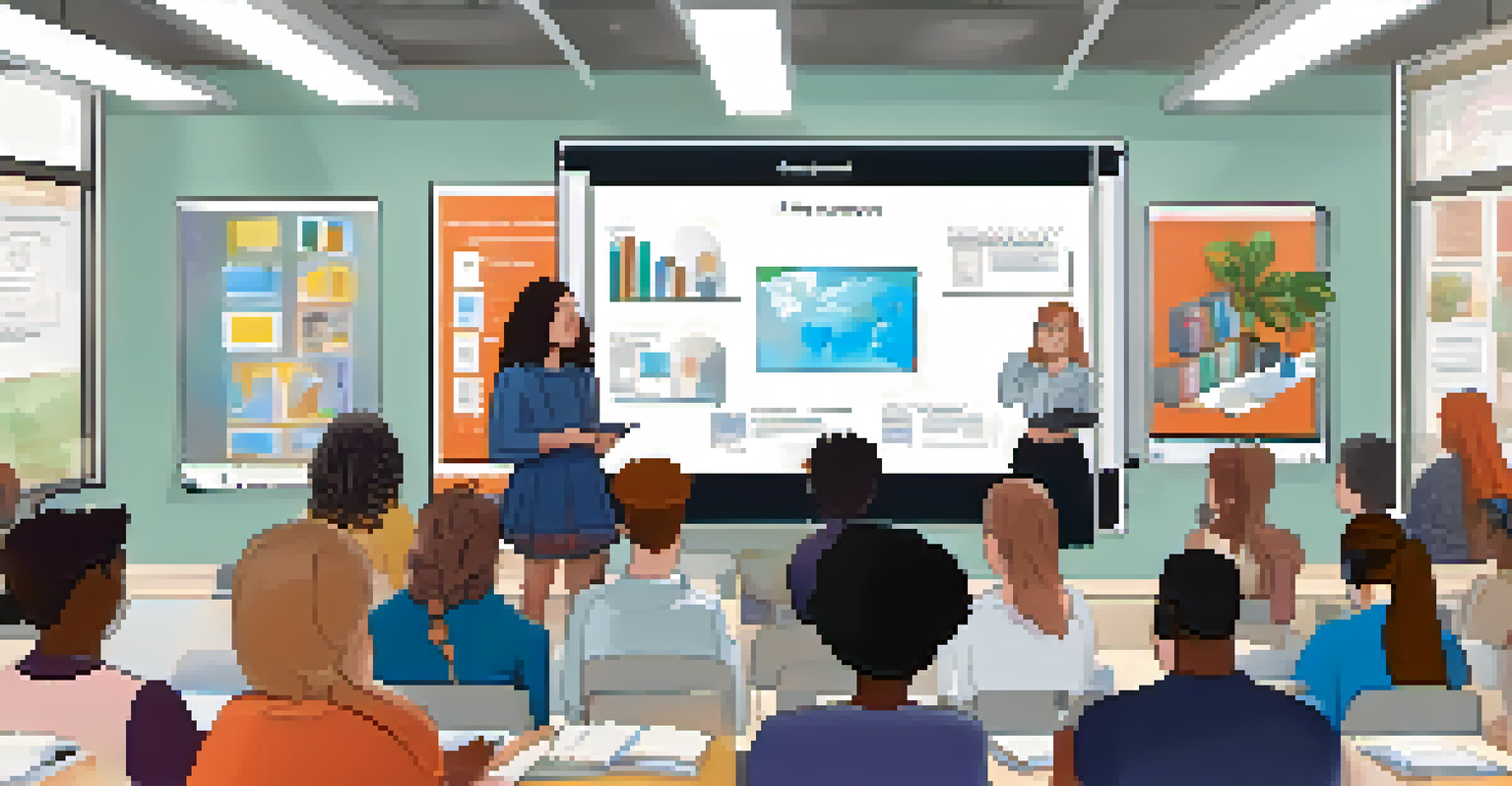 Diverse students engaged in an online discussion, displayed in video frames on a large screen in a classroom.