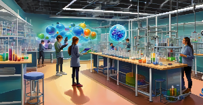 A lab where students are manipulating virtual molecules in augmented reality, with colorful chemical reaction visualizations around them.