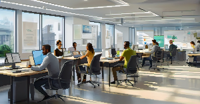 A diverse group of employees in a bright office participating in a virtual training session on laptops.