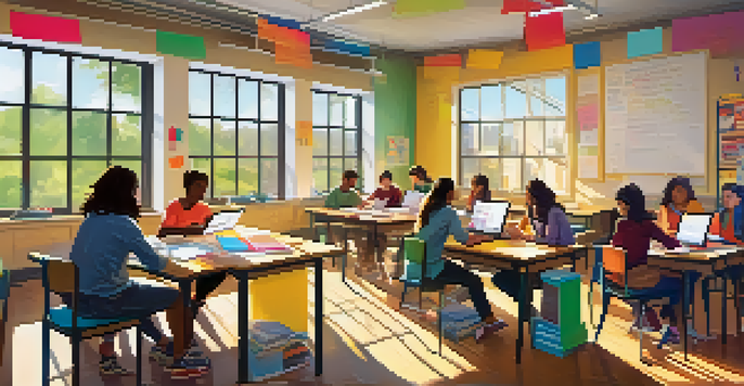 A classroom filled with students collaborating on a project, surrounded by colorful materials and bright sunlight.