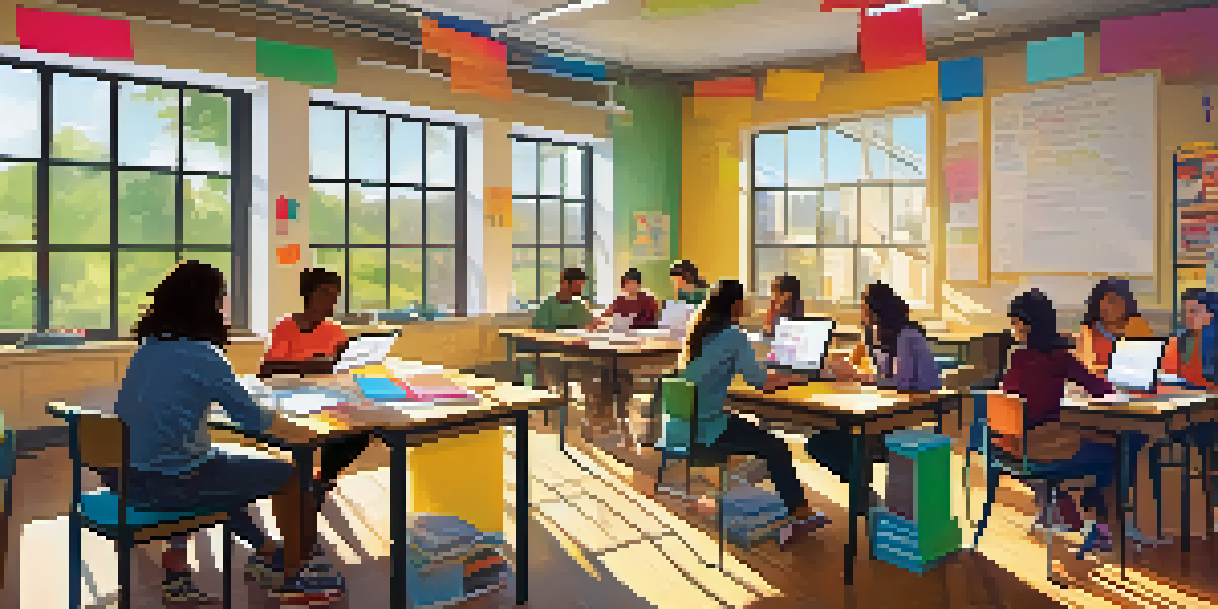A classroom filled with students collaborating on a project, surrounded by colorful materials and bright sunlight.