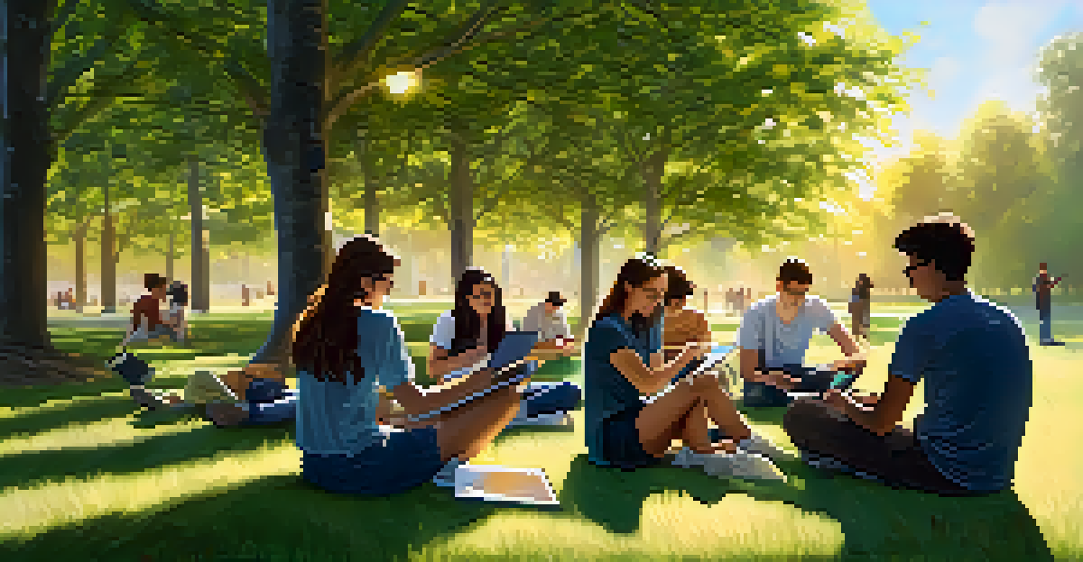 Students sitting outdoors on the grass, using devices to collaborate on a project, surrounded by trees and sunlight.