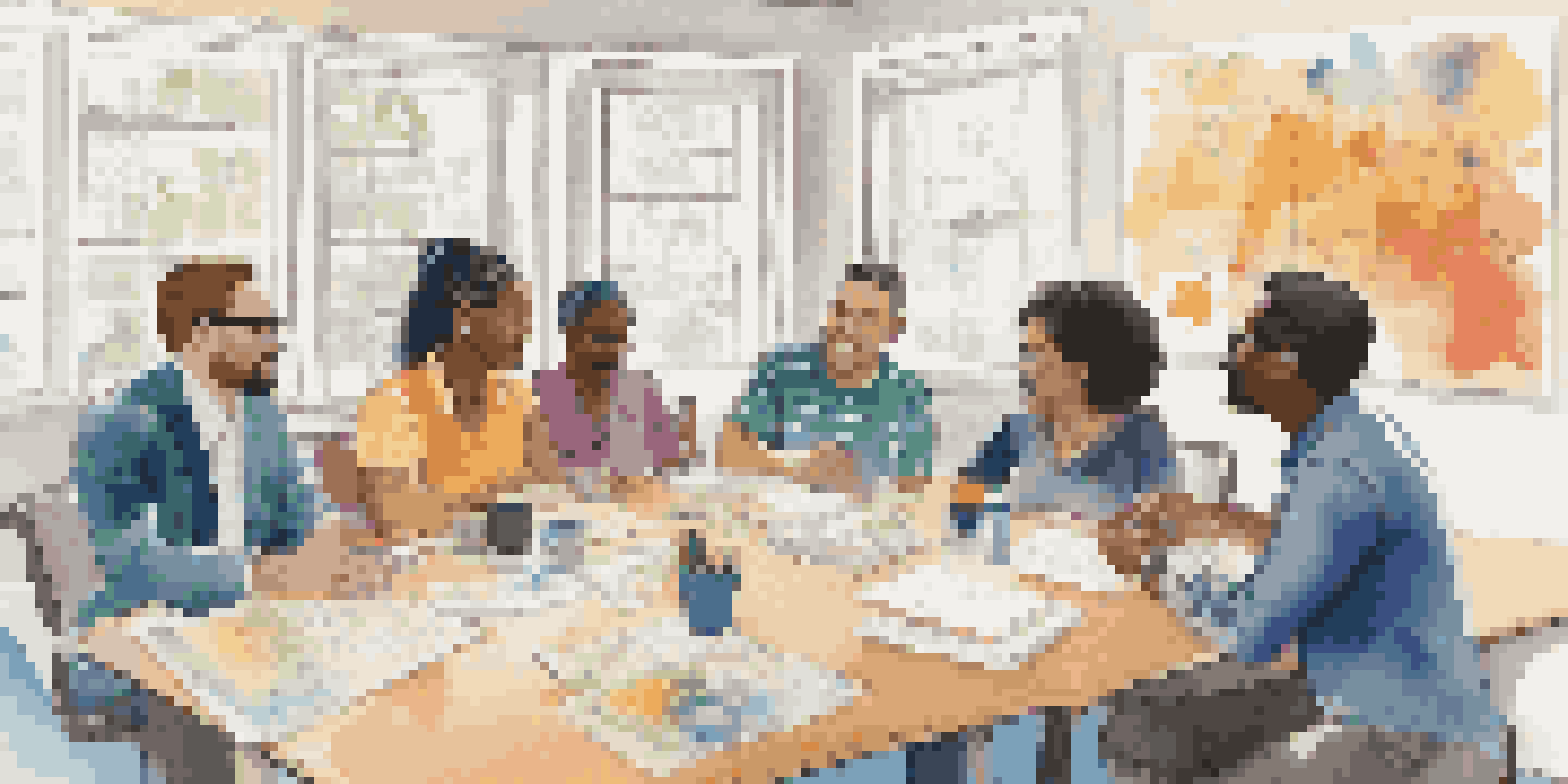 A diverse group of people discussing education policies in a conference room.