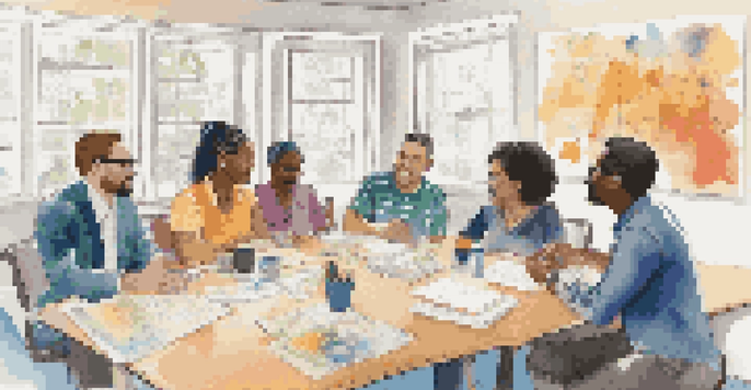 A diverse group of people discussing education policies in a conference room.