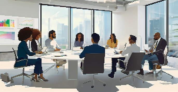 A diverse group of professionals participating in a lively video conference, surrounded by modern technology and bright sunlight.