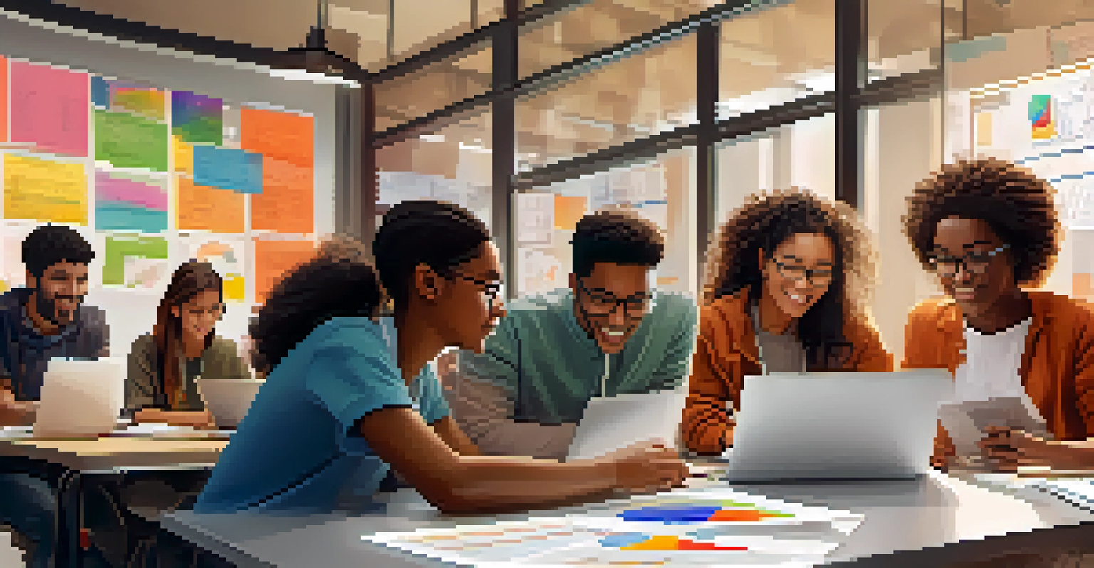 A diverse group of students collaborating on a project around a large table, using laptops and tablets, showcasing teamwork and cooperation in a well-lit room.