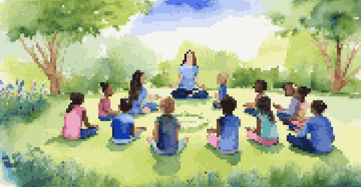 Students of various backgrounds sitting in a circle on grass in a garden, participating in a mindfulness activity led by a teacher with a meditation bowl.
