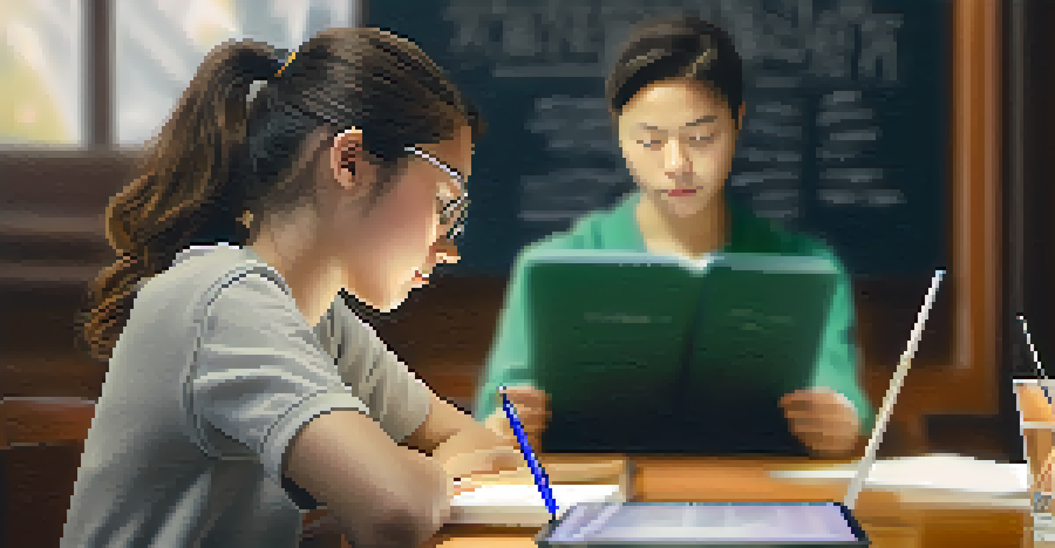 A student focused on a tablet screen for language self-assessment, with notes beside them.