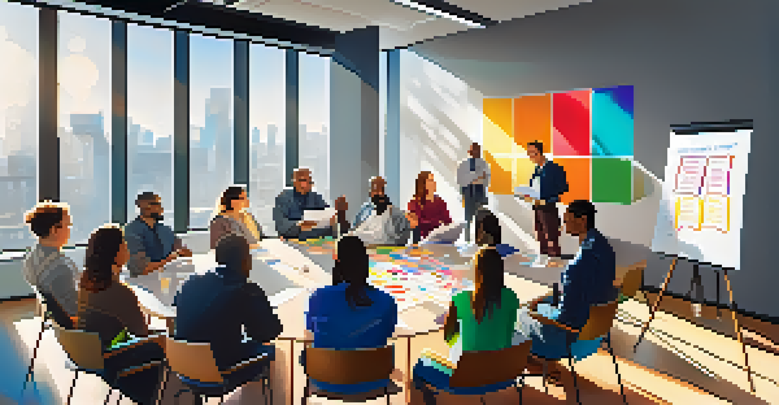 A group of adults participating in a mentorship workshop in a bright conference room.