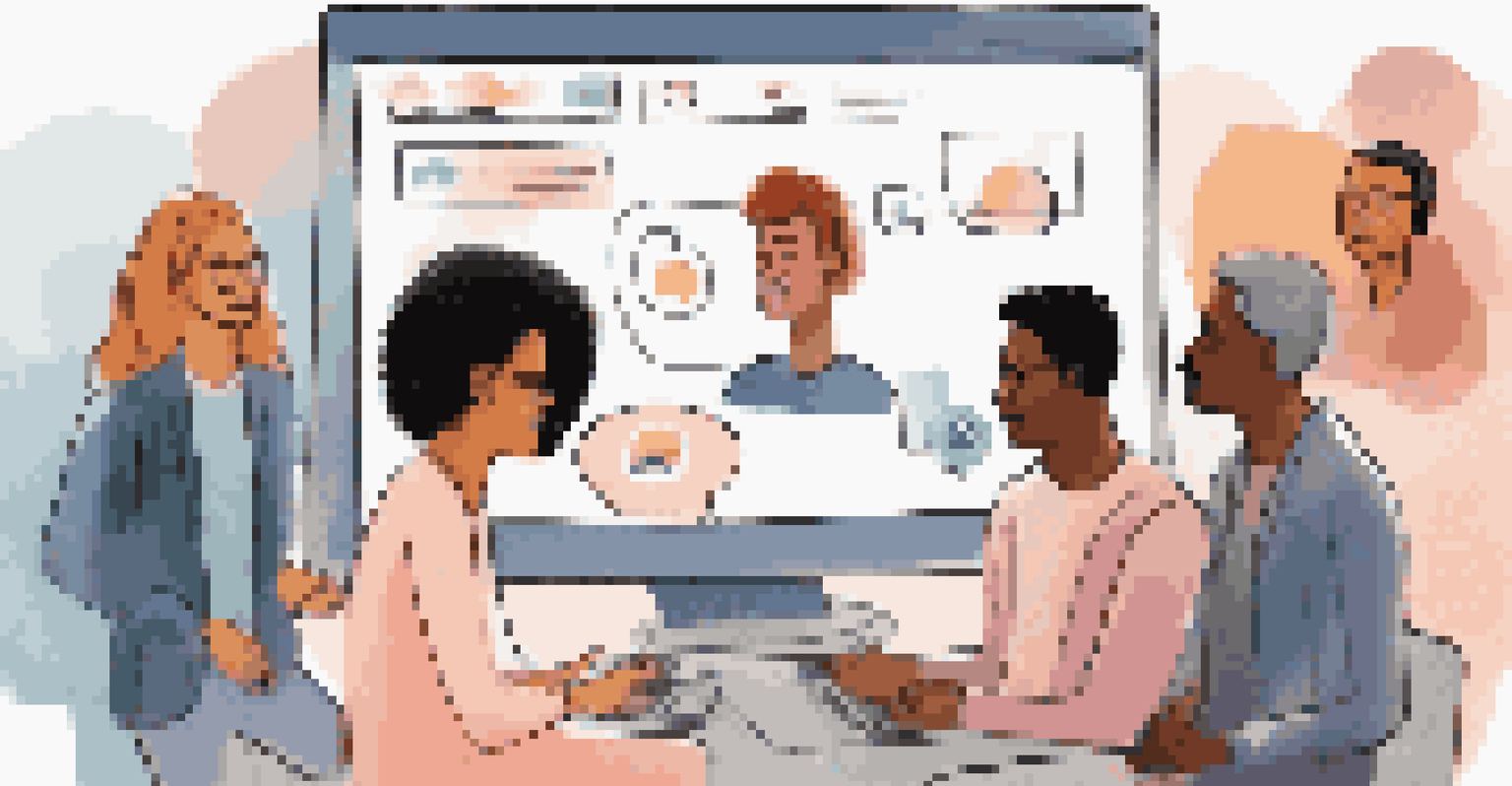 A computer screen showing a virtual meeting with diverse individuals communicating respectfully, surrounded by digital communication elements.