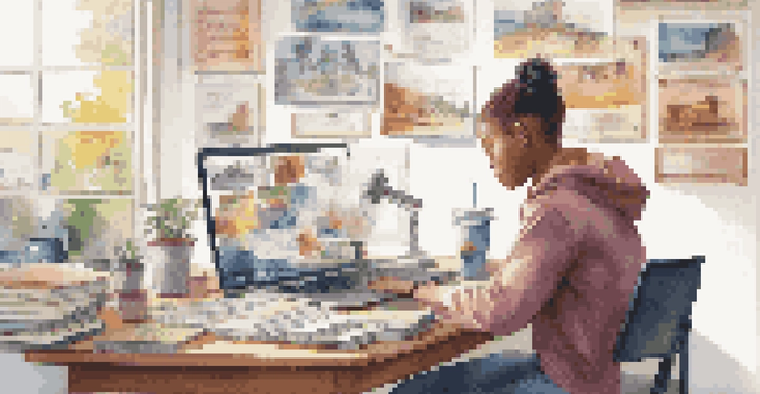 A student using a smartphone and laptop for learning in a well-lit study space with educational posters.