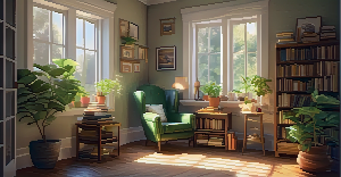 A cozy study nook with an armchair, desk, books, tea, and sunlight streaming through a window.