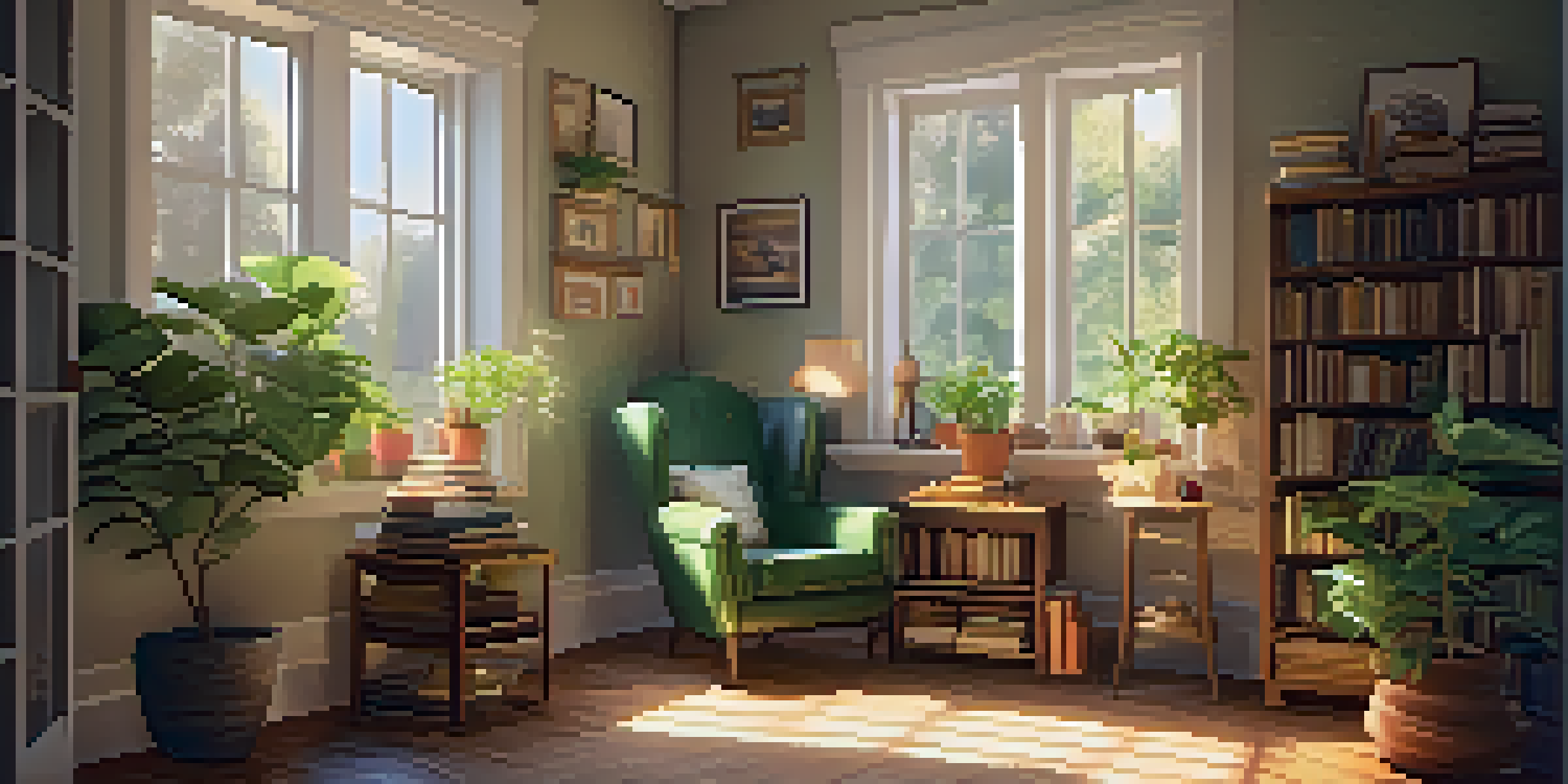 A cozy study nook with an armchair, desk, books, tea, and sunlight streaming through a window.