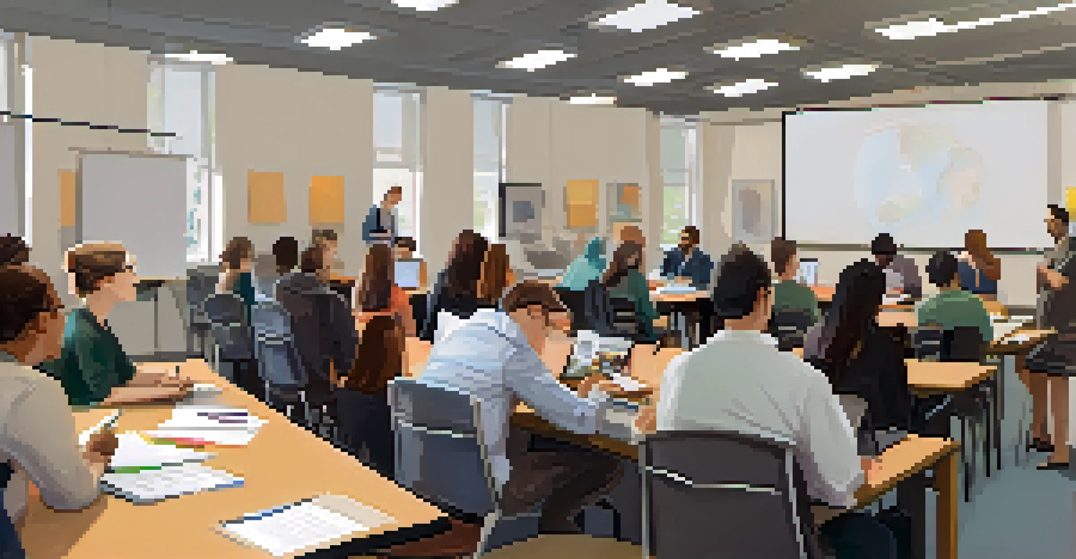 An educator at a professional development workshop, engaged in discussion with peers, taking notes, and surrounded by collaborative tools.