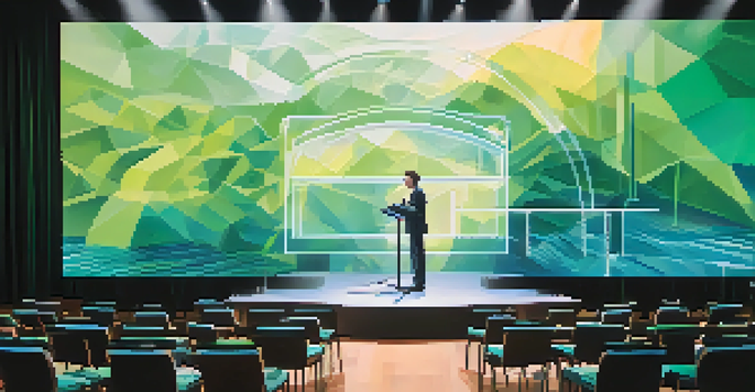 A confident speaker on stage with floating augmented reality visuals about climate change, warm lighting in a modern auditorium filled with an engaged audience.
