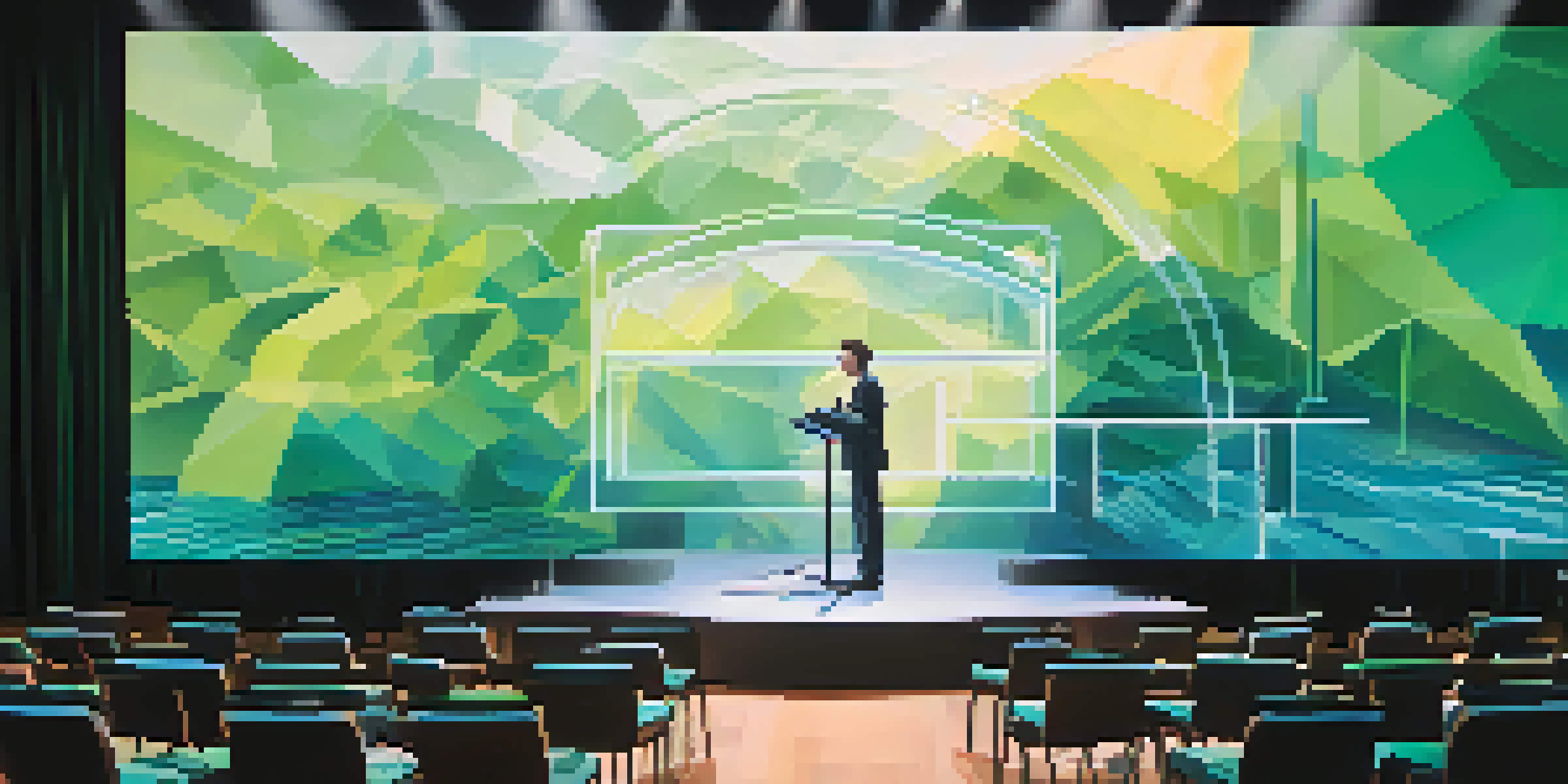 A confident speaker on stage with floating augmented reality visuals about climate change, warm lighting in a modern auditorium filled with an engaged audience.