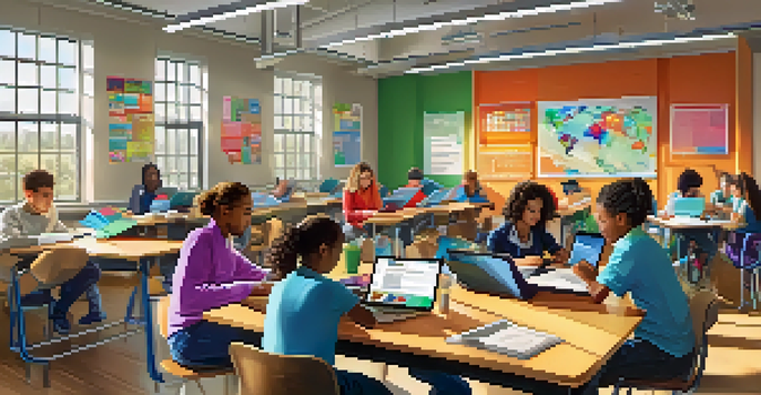 A colorful classroom filled with students working on laptops and collaborating at a table, with bright natural light coming through the windows.