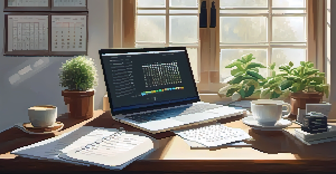 A peaceful home office with a wooden desk, laptop showing a budgeting spreadsheet, a potted plant, and a coffee cup, illuminated by sunlight from a large window.