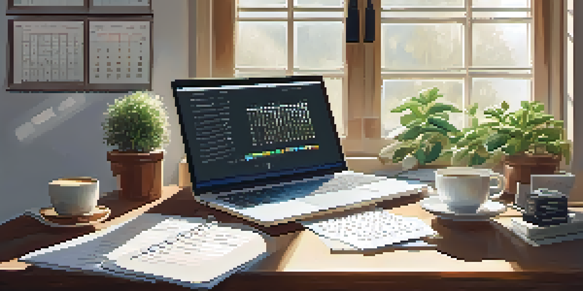 A peaceful home office with a wooden desk, laptop showing a budgeting spreadsheet, a potted plant, and a coffee cup, illuminated by sunlight from a large window.