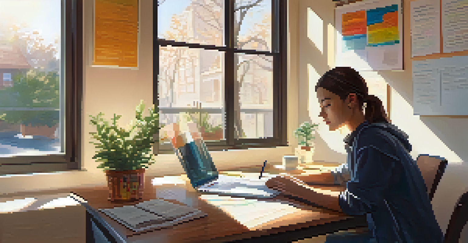 A student thoughtfully reviewing feedback on a laptop in a bright and organized study space.