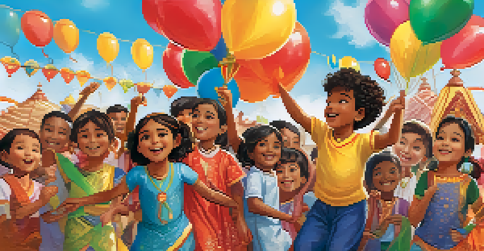 A diverse group of children celebrating at a festival, wearing traditional clothing and surrounded by colorful decorations.