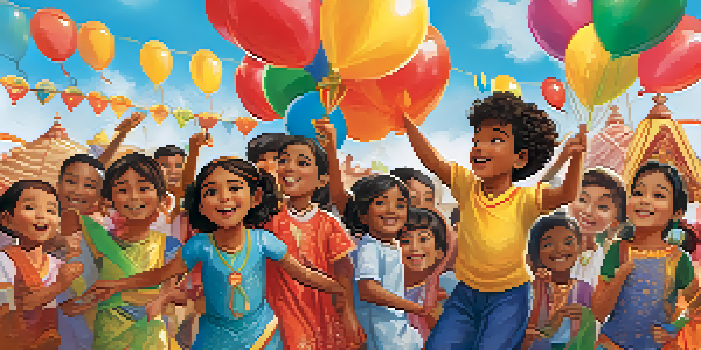 A diverse group of children celebrating at a festival, wearing traditional clothing and surrounded by colorful decorations.