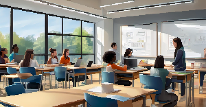 A diverse group of students collaborating in a modern classroom, using laptops and tablets, with natural light illuminating the scene.